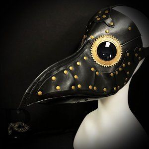 Black Plague Doctor Mask with Gold Gears